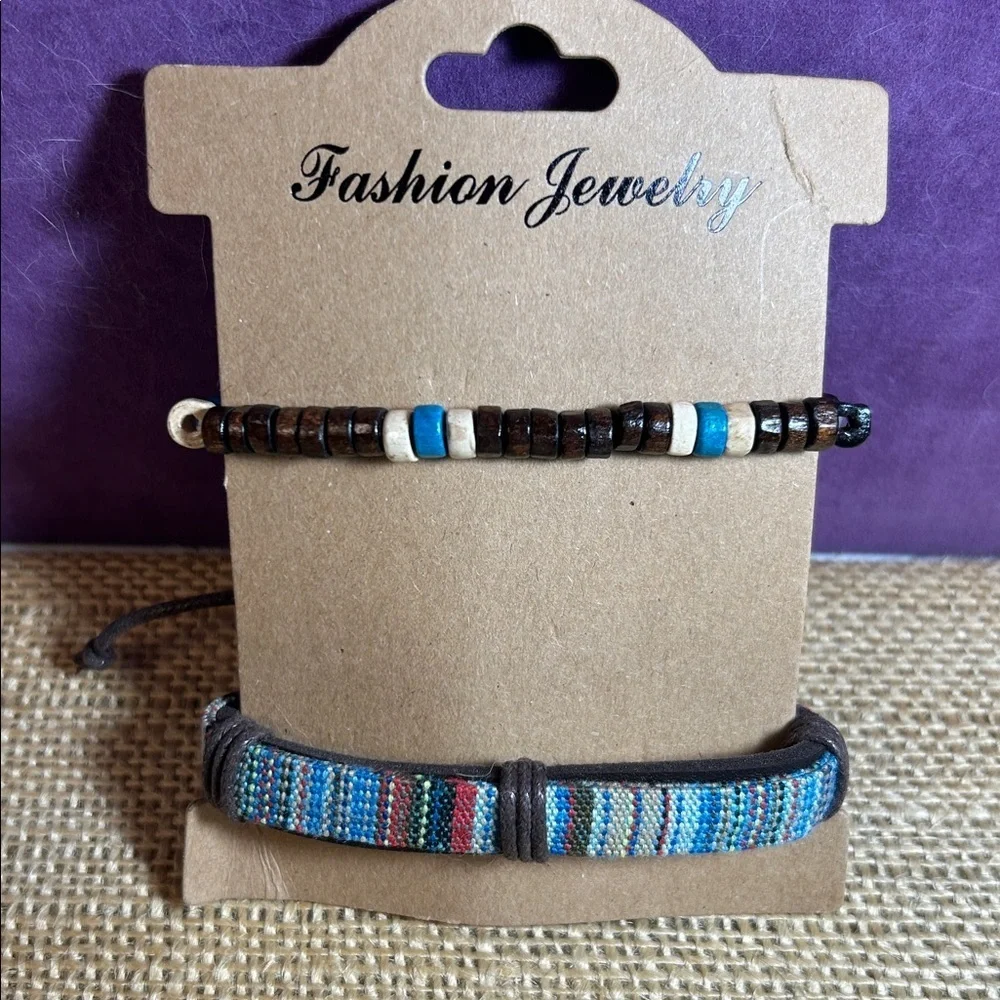 Wood Bead Bracelet and Braided Leather Bracelet with Colorful Design Bundle (F)